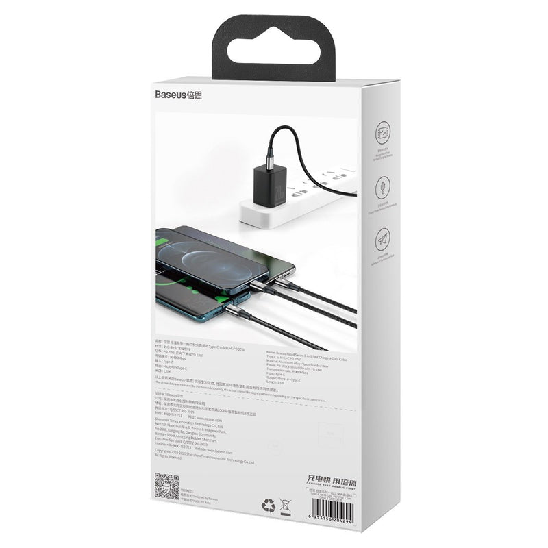 Baseus Rapid Series 3-in-1 Schnellladekabel Datenkabel Typ-C zu M+L+C PD 20W 1.5m - Schwarz (CAMLT-SC01)