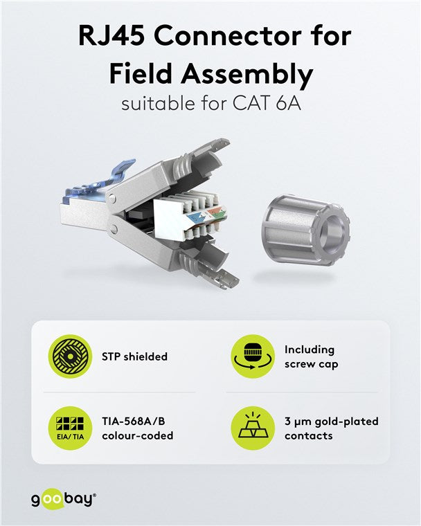 Goobay CAT 6A RJ45-Stecker, Feldkonfektionierbar, STP Geschirmt - Grau