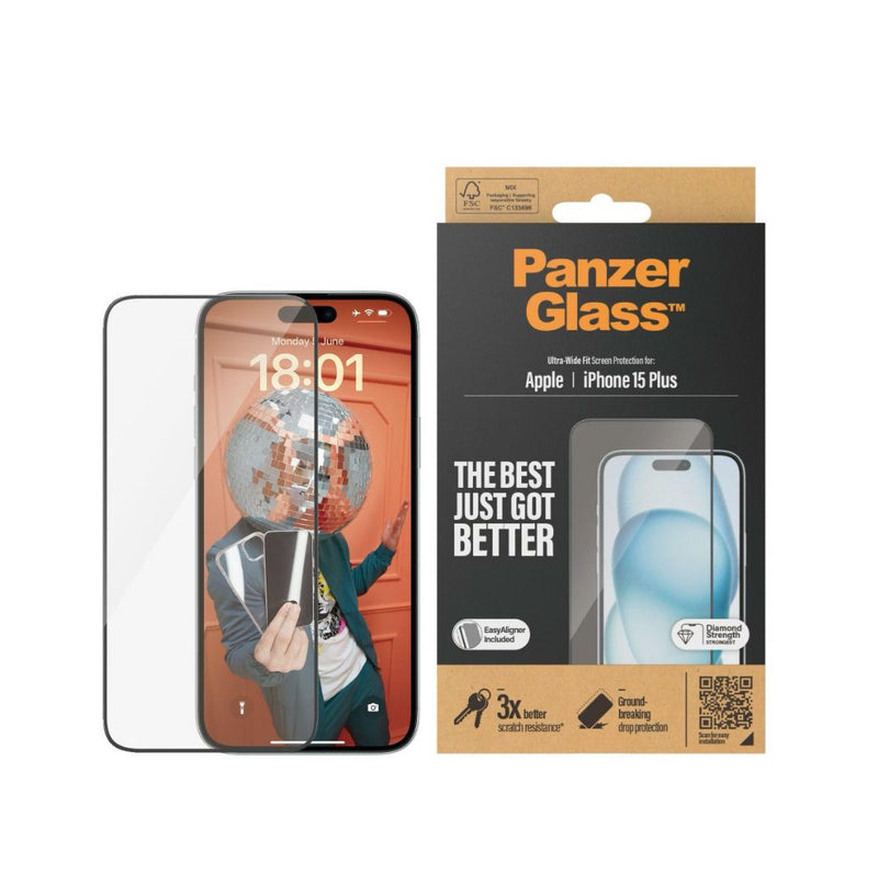 PanzerGlass Ultra-Weit Fit mit EasyAligner Screen Protector (1 Stück), iPhone 15 Plus