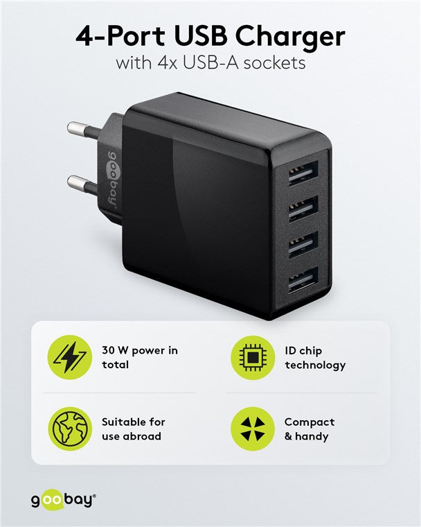 Goobay 4-Port-USB-A-Ladegerät 30 W – Schwarz