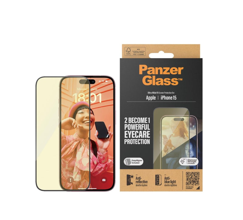 PanzerGlass EyeCare Screen Protector Ultra-Weit Fit (1 Stück), iPhone 15