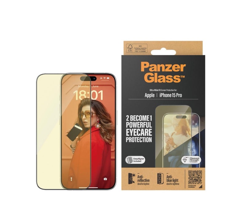 PanzerGlass EyeCare Screen Protector Ultra-Weit Fit (1 Stück), iPhone 15 Pro