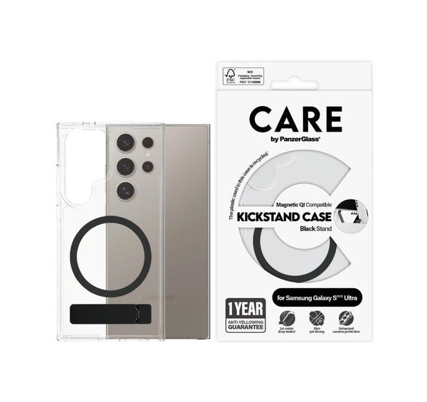 PanzerGlass CARE Feature Case Transparent mit schwarzem Kickstand & Qi für Samsung Galaxy S25 Ultra