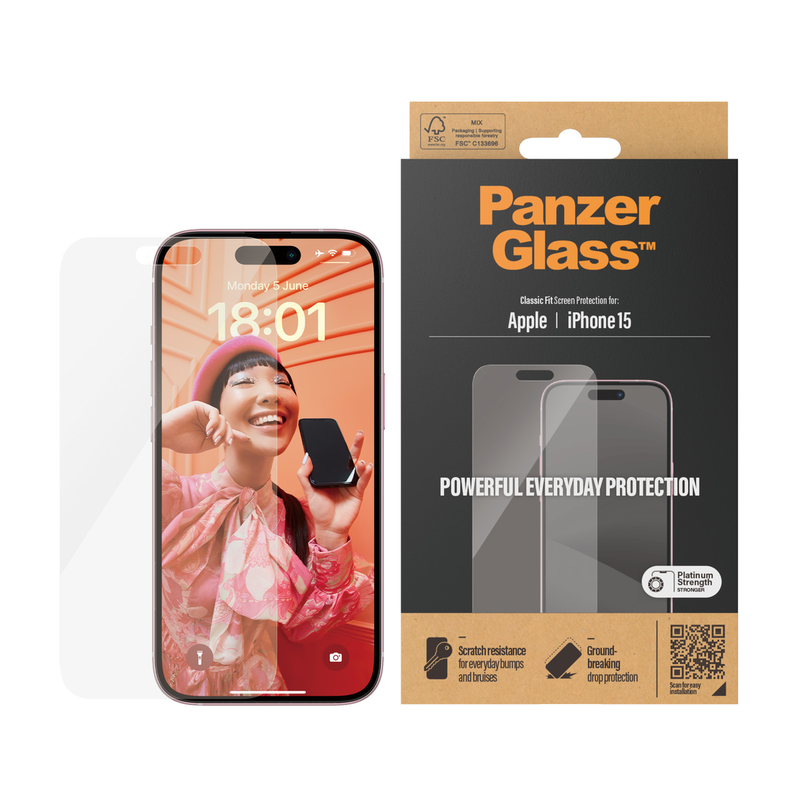 PanzerGlass Displayschutzfolie Classic Fit (1 Stück), iPhone 15