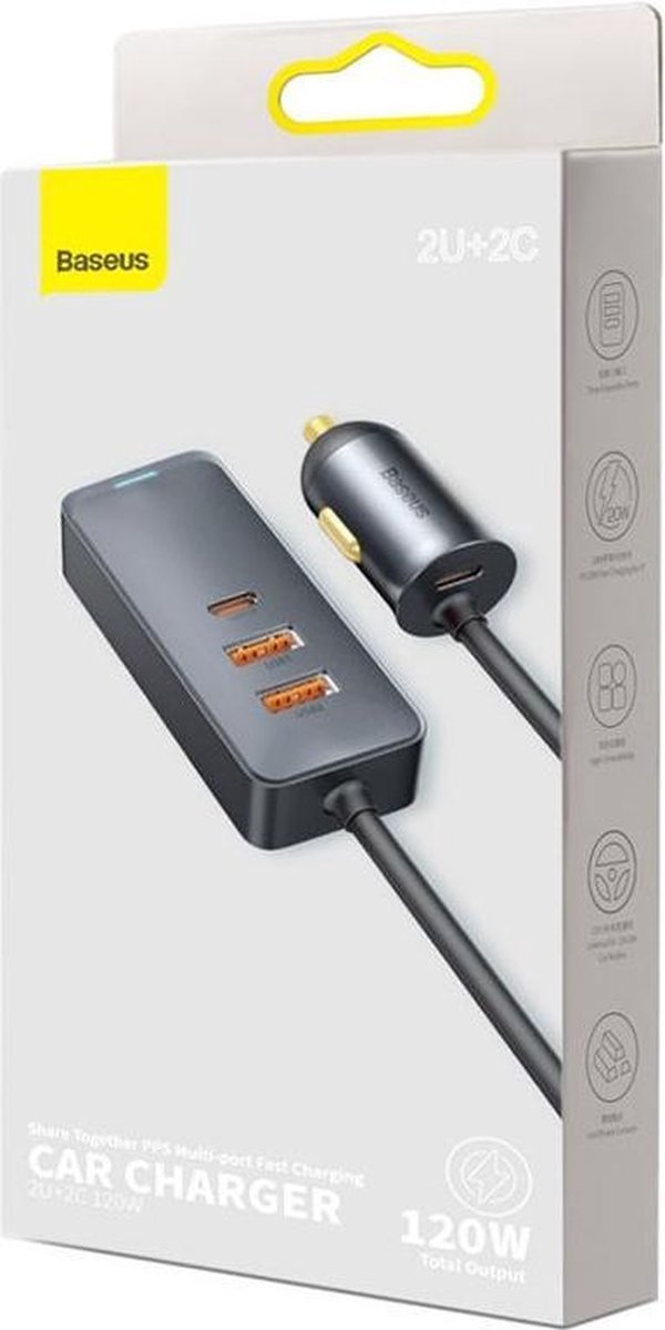 Baseus Fast Charging Auto Charger mit Extension Cord 12-24V 120W 2xUSB + 2xUSB-C Grau (CCBT-A0G)