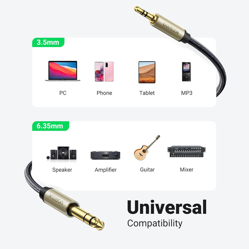 UGREEN AV127 Audio TRS Kabel Mini-Klinke 3.5mm / Klinke 6.35mm 1m - Grau