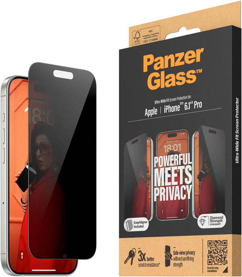 PanzerGlass Privacy Displayschutzfolie Ultra-Wide Fit (1 Stück), iPhone 15 Pro