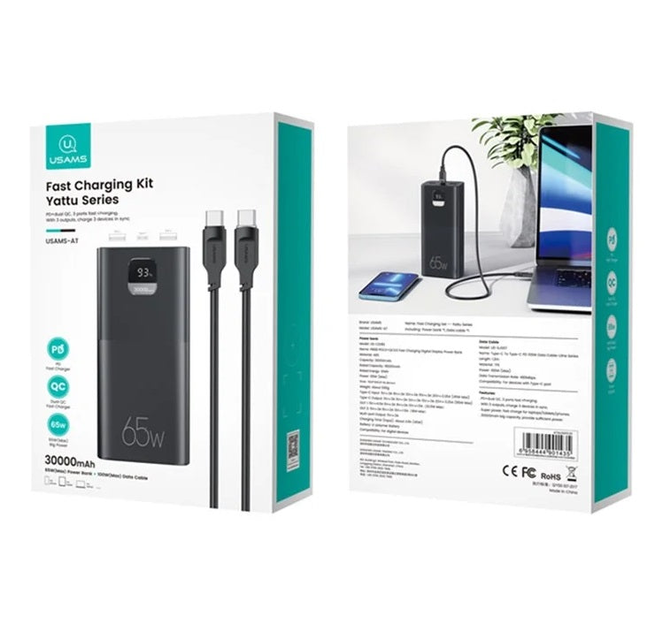 Usams Yattu Serie PB6B PD3.0 + QC3.0 Schnelllade-Powerbank mit Digitalanzeige 30000mAh + Type-C zu Type-C PD 100W Datenkabel (ATXLOGTC01) - Schwarz