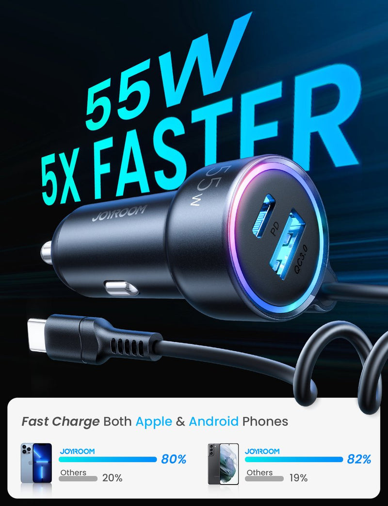 Joyroom 3-in-1 Wired Fast Car/Auto Ladegerät 55W USB-C Schwarz (JR-CL07)