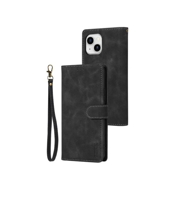 Flip Wallet Lederkartenhülle für iPhone 15 Plus - Schwarz