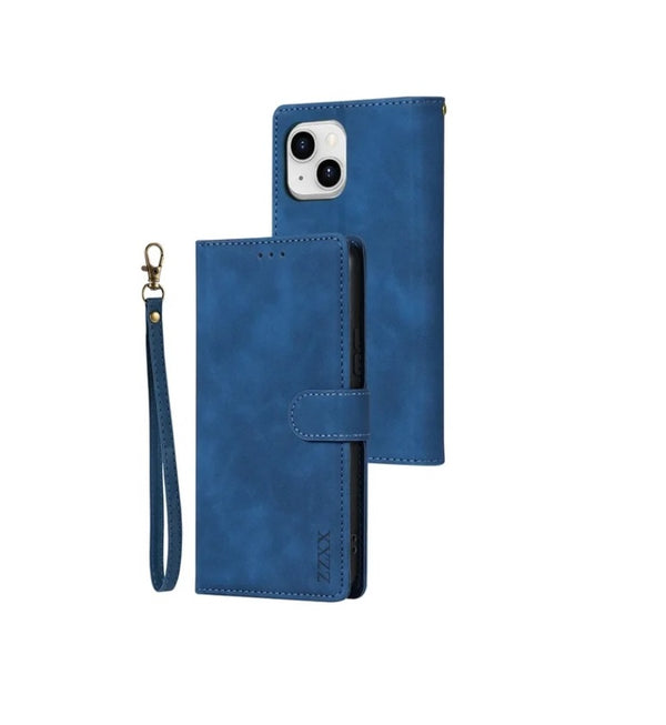 Flip Wallet Lederkartenhülle für iPhone 15 Plus - Blau