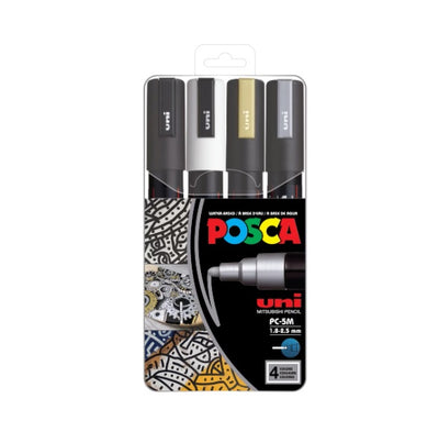 Posca PC-5M Marker, Rundspitze, 2,50 mm, (4 Stück) – Weiß, Silber, Gold, Schwarz