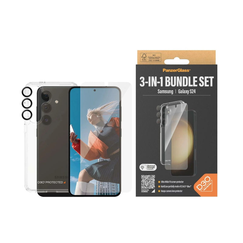PanzerGlass 3-in-1 Bundle Ultra-Weit Fit Glas + Hülle + Linse (1 Stück), Samsung Galaxy S24