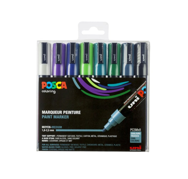 Posca PC-5M Marker, 2,50 mm, (8 Stück) – Weiß, Smaragdgrün, Schiefergrau, Violett, Dunkelgrün, Apfelgrün, Schwarz, Dunkelblau