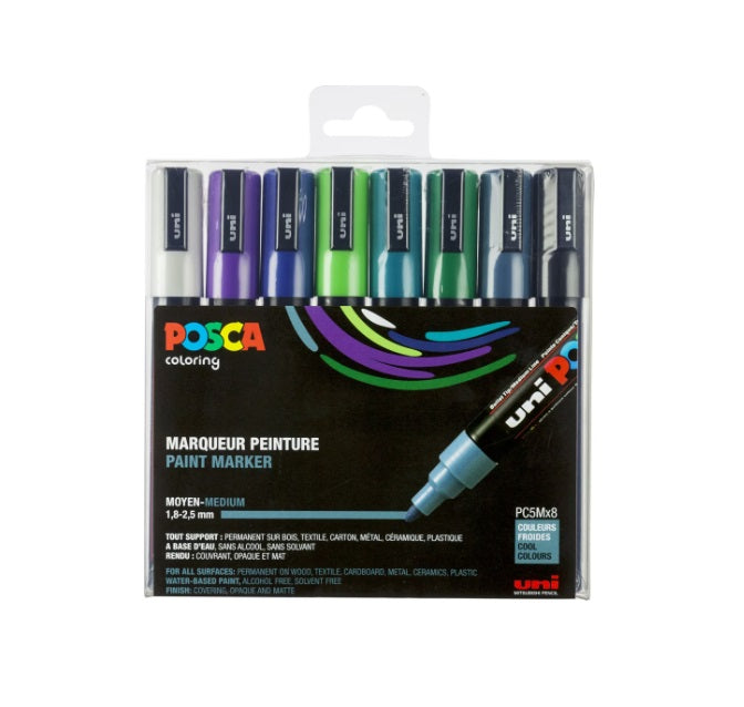 Posca PC-5M Marker, 2,50 mm, (8 Stück) – Weiß, Smaragdgrün, Schiefergrau, Violett, Dunkelgrün, Apfelgrün, Schwarz, Dunkelblau
