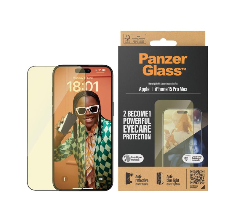 PanzerGlass EyeCare Screen Protector Ultra-Weit Fit (1 Stück), iPhone 15 Pro Max