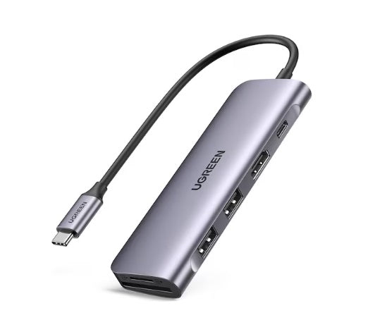 UGREEN USB-C auf 2 Ports USB3.0-A Hub + HDMI + TF/SD mit PD-Stromversorgung – Space Grau