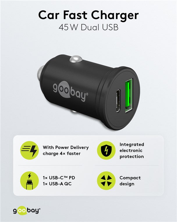 Goobay Dual-USB-Auto-Schnellladegerät USB-C PD 45 W – Schwarz