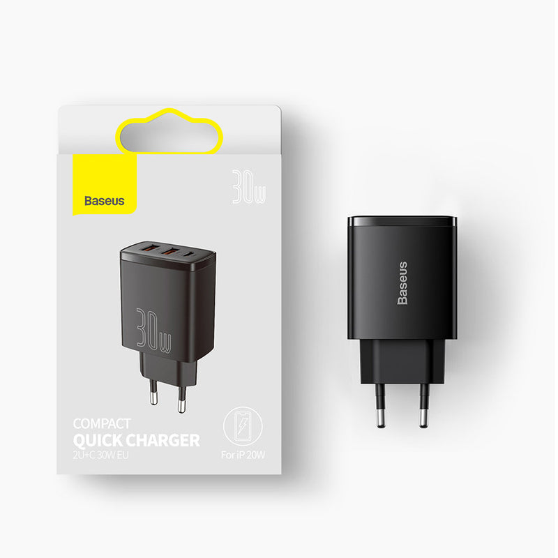 Baseus Compact Quick Charger 2U+C 30W EU Schwarz (CCXJ-E01)