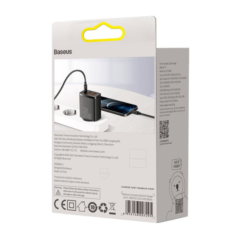 Baseus Compact Quick Charger 2U+C 30W EU Schwarz (CCXJ-E01)