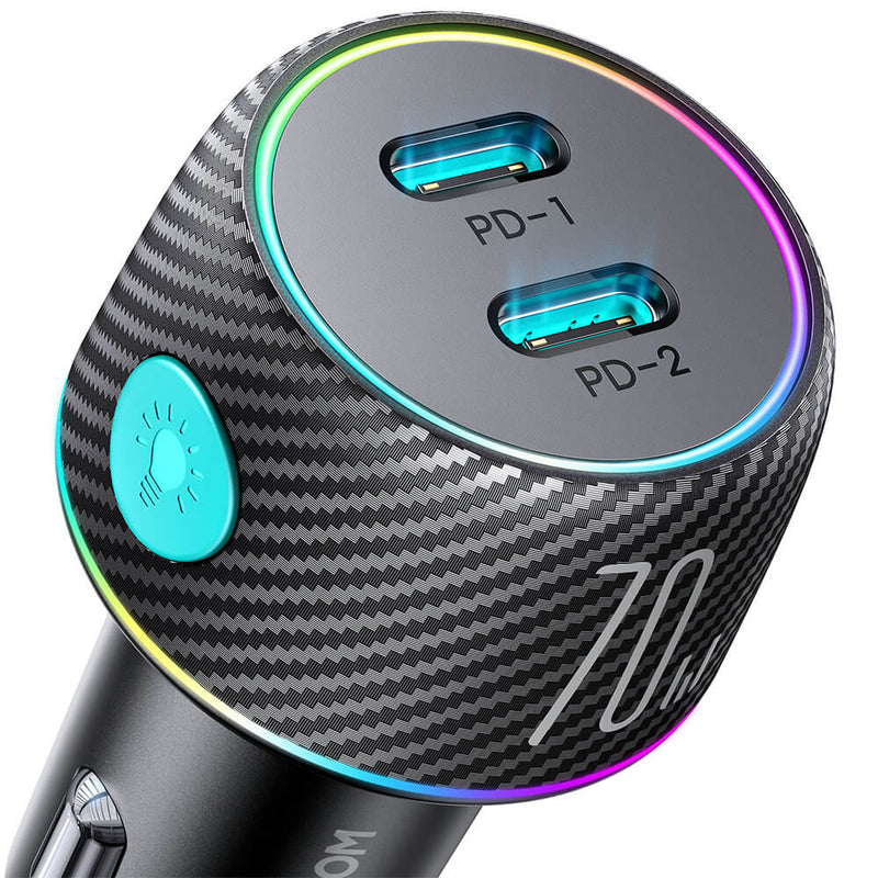 Joyroom 70W Dual PD Mehrfarbiges Autoladegerät mit Leuchttaste Schwarz (JR-CCN02)