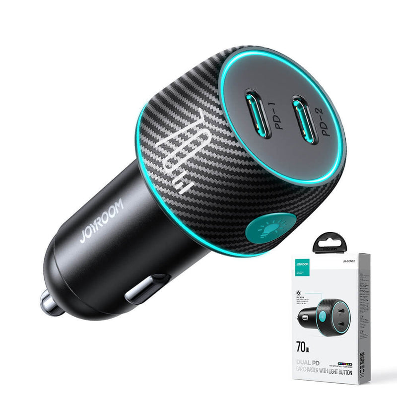 Joyroom 70W Dual PD Mehrfarbiges Autoladegerät mit Leuchttaste Schwarz (JR-CCN02)