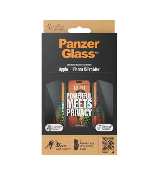 PanzerGlass Displayschutzfolie Ultra Wide Fit Privacy iPhone 15 Pro Max (1 Stück), iPhone 15 Pro Max