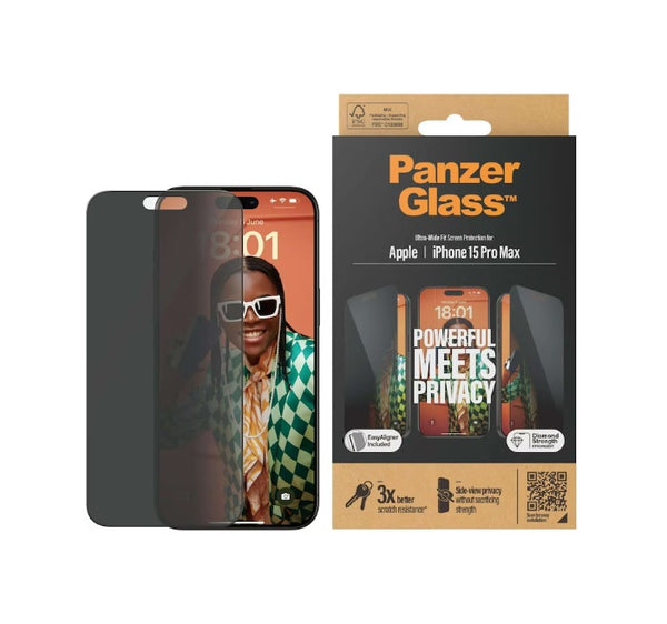 PanzerGlass Displayschutzfolie Ultra Wide Fit Privacy iPhone 15 Pro Max (1 Stück), iPhone 15 Pro Max