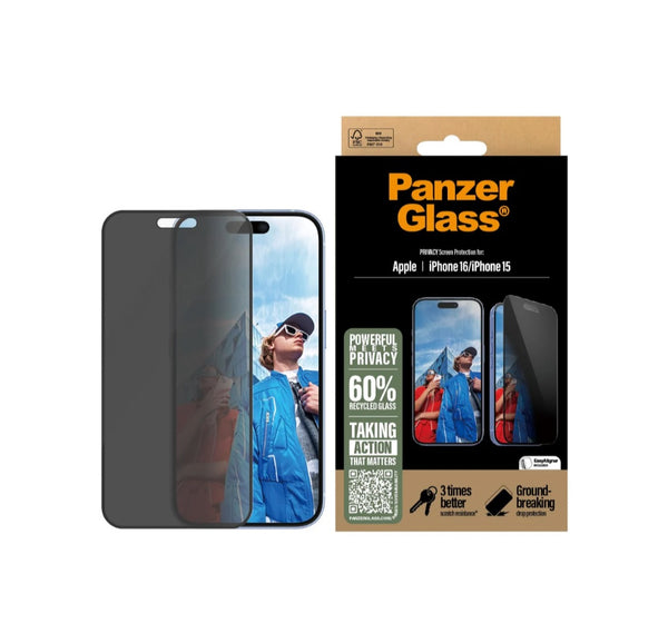 PanzerGlass Privacy Ultra-Wide Fit Displayschutz mit EasyAlign (1 Stück) für iPhone 15, iPhone 16