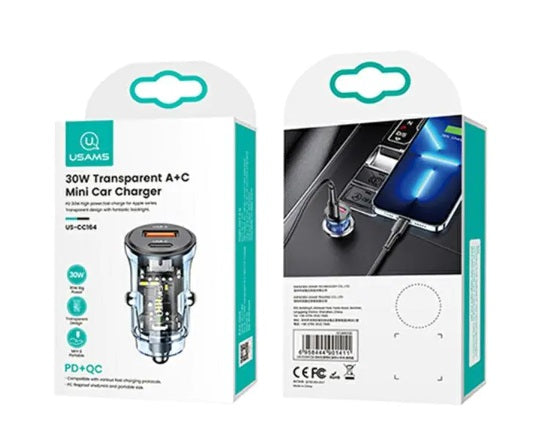 USAMS C32 30W Transparent A+C Mini Autoladegerät (CC164CC02) – Transparent Blau